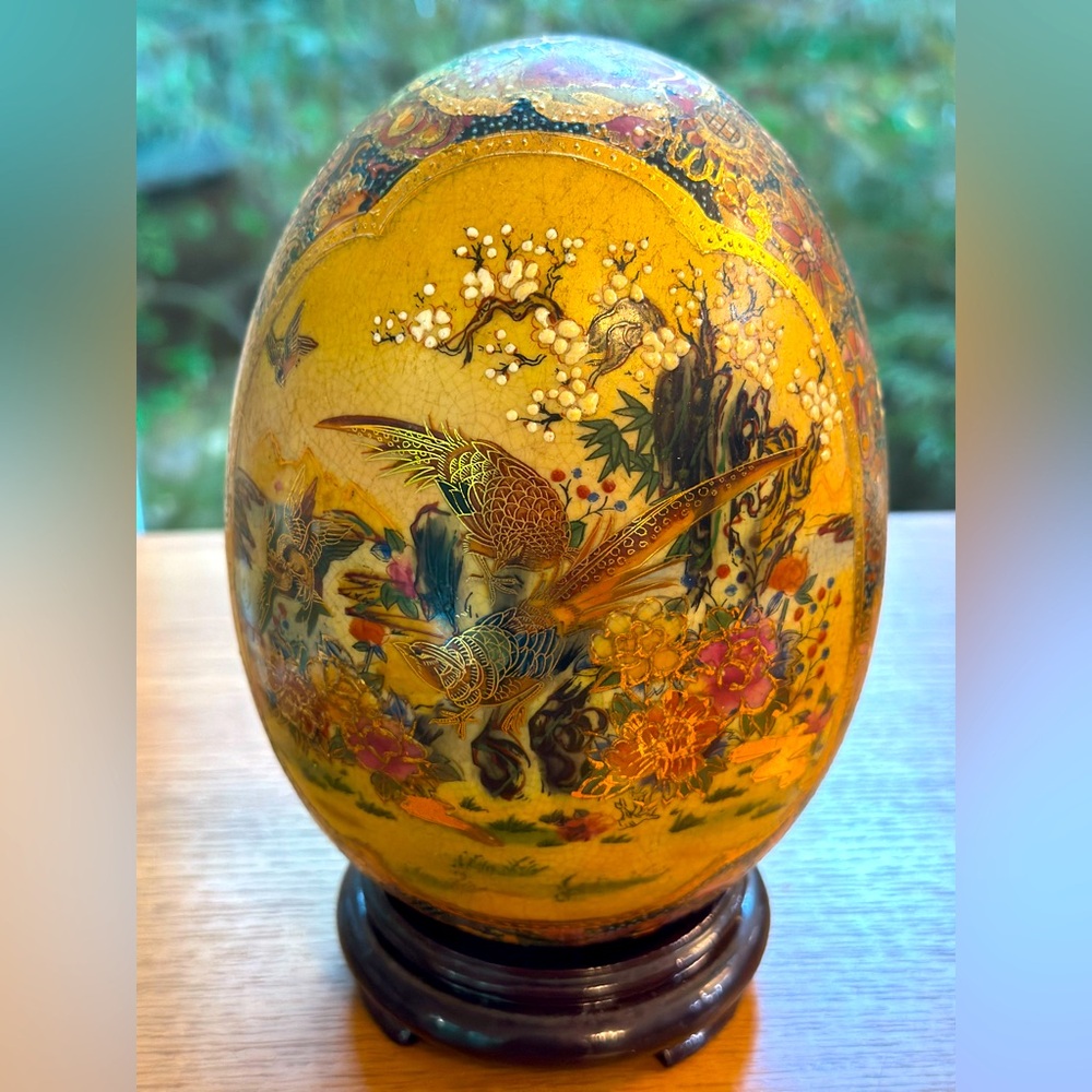 Satsuma Egg 7.5" Ceramic Hand-Painted Japan Collectible Birds Gilt VTG